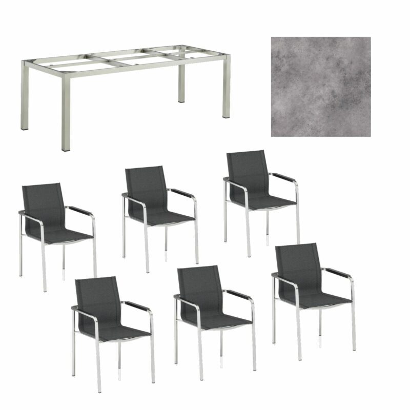 Kettler Gartenmöbel-Set mit "Feel" Stapelstuhl und "Cubic" Tisch, Gestelle Edelstahl, Sitz grau meliert, Tischplatte HPL anthrazit