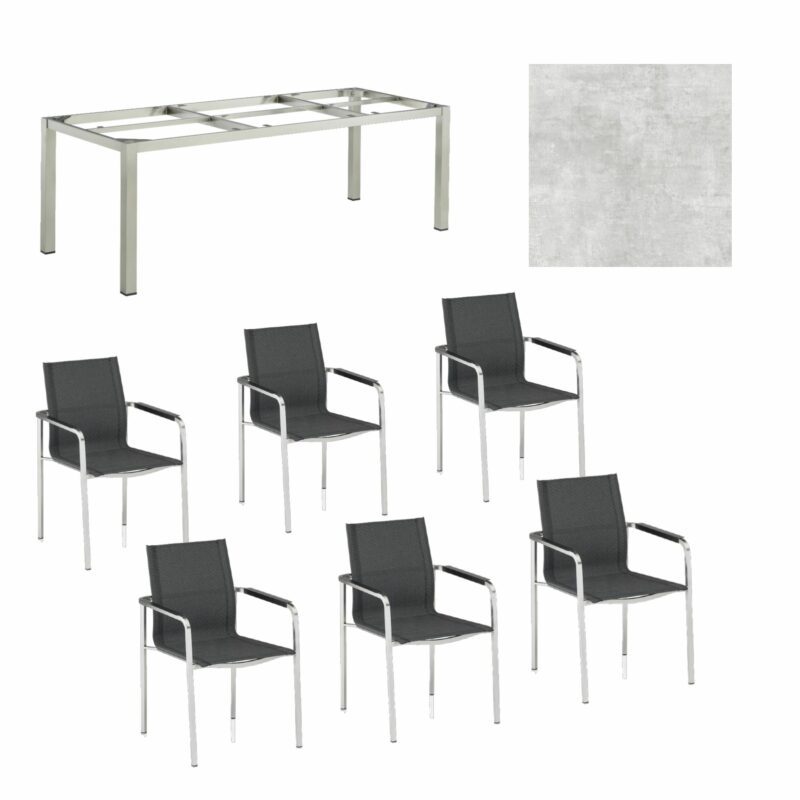 Kettler Gartenmöbel-Set mit "Feel" Stapelstuhl und "Cubic" Tisch, Gestelle Edelstahl, Sitz grau meliert, Tischplatte HPL hellgrau meliert