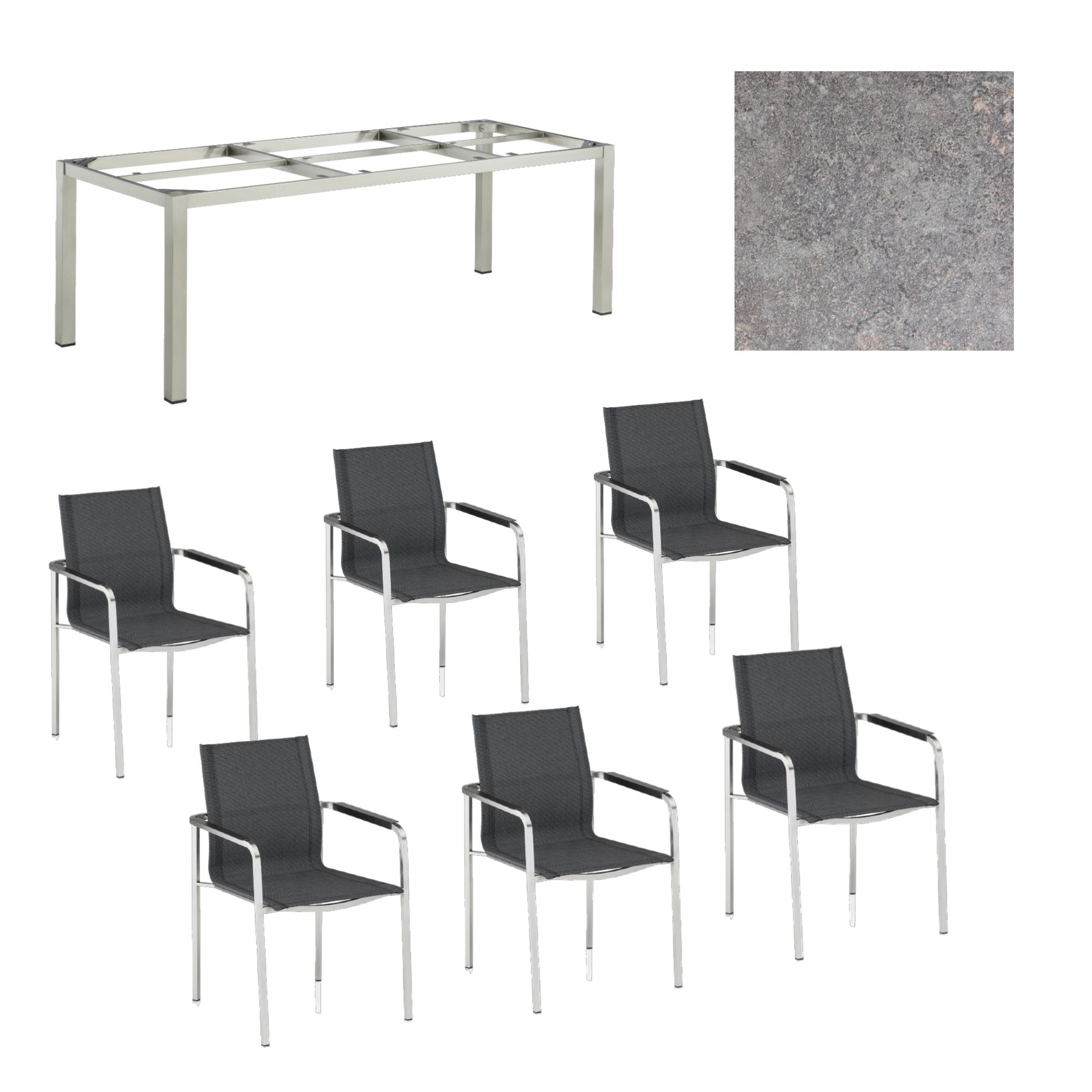 Kettler Gartenmöbel-Set mit "Feel" Stapelstuhl und "Cubic" Tisch, Gestelle Edelstahl, Sitz grau meliert, Tischplatte HPL Kalksandstein