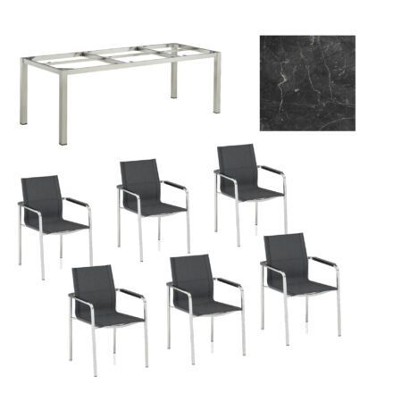 Kettler Gartenmöbel-Set mit "Feel" Stapelstuhl und "Cubic" Tisch, Gestelle Edelstahl, Sitz grau meliert, Tischplatte HPL Marmor grau