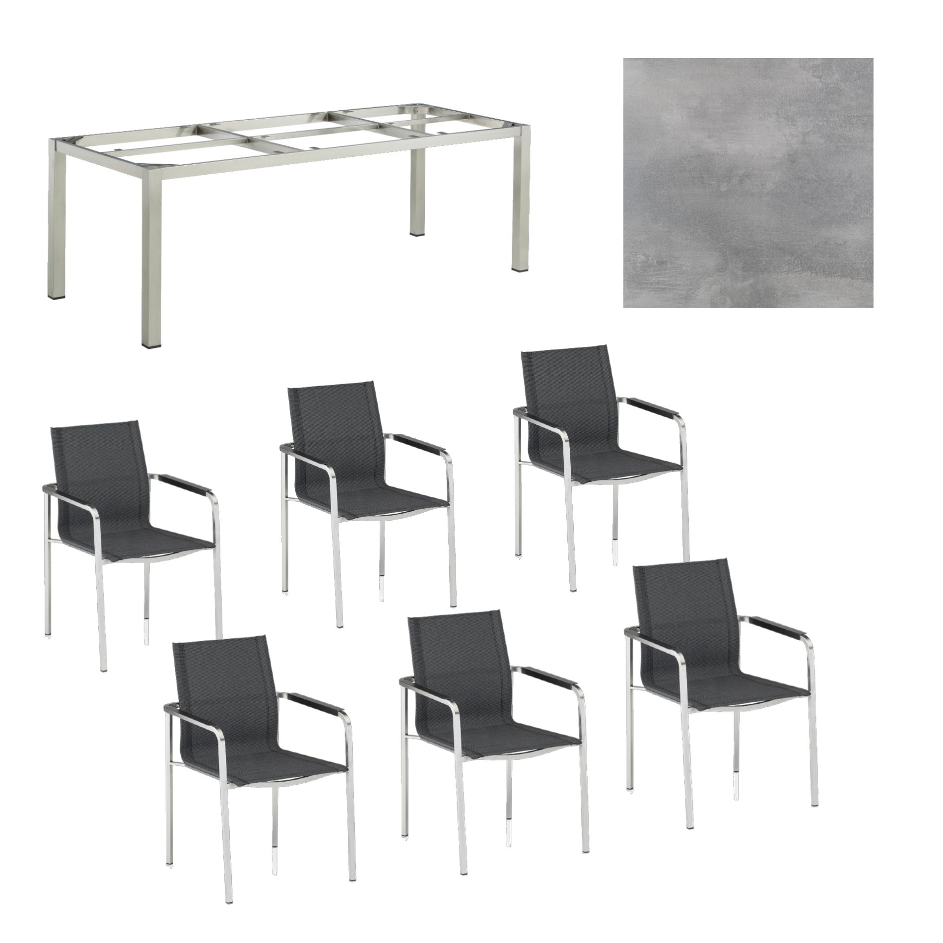 Kettler Gartenmöbel-Set mit "Feel" Stapelstuhl und "Cubic" Tisch, Gestelle Edelstahl, Sitz grau meliert, Tischplatte HPL silber-grau