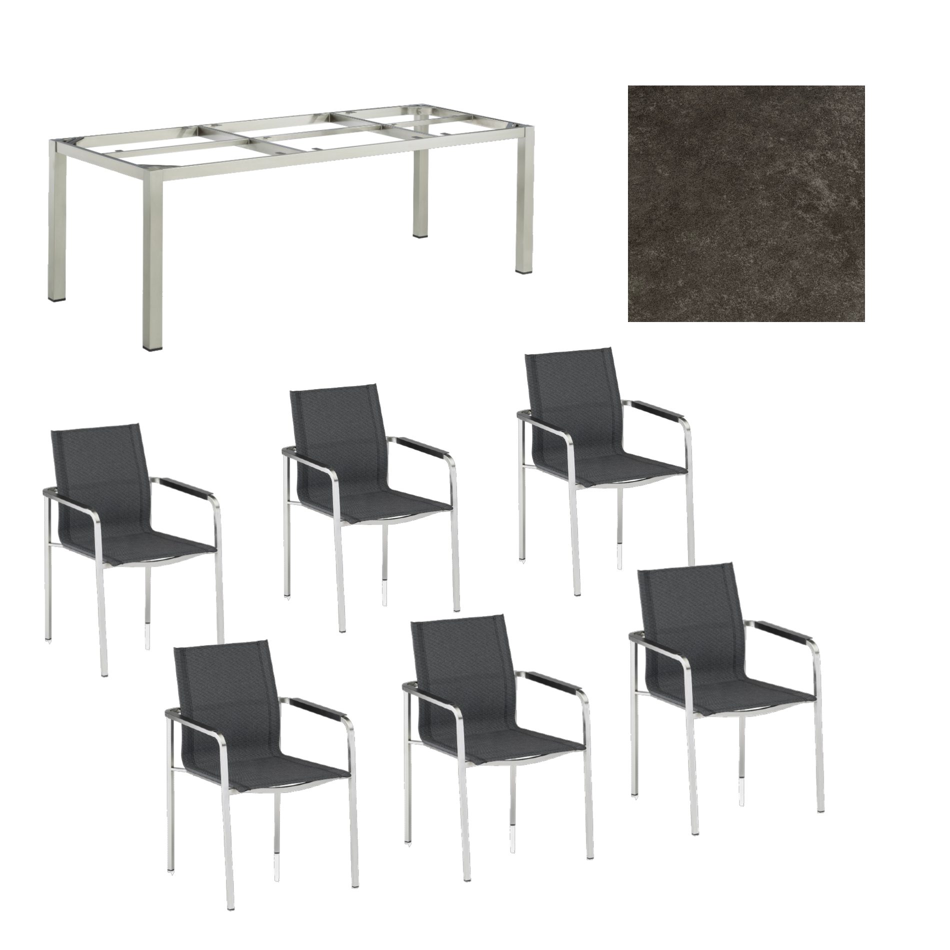 Kettler Gartenmöbel-Set mit "Feel" Stapelstuhl und "Cubic" Tisch, Gestelle Edelstahl, Sitz grau meliert, Tischplatte Keramik anthrazit