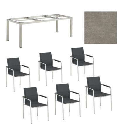 Kettler Gartenmöbel-Set mit "Feel" Stapelstuhl und "Cubic" Tisch, Gestelle Edelstahl, Sitz grau meliert, Tischplatte Keramik grau-taupe