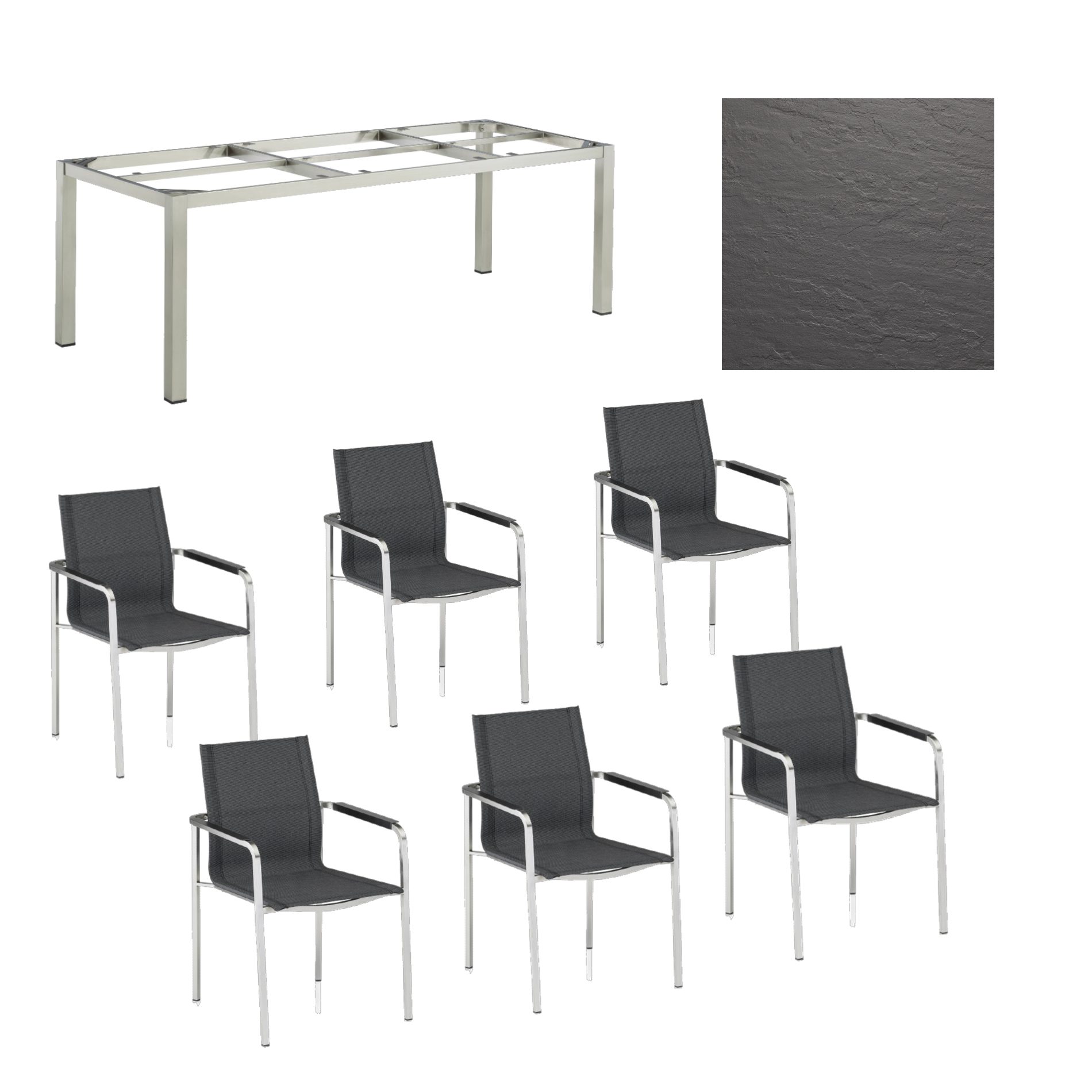 Kettler Gartenmöbel-Set mit "Feel" Stapelstuhl und "Cubic" Tisch, Gestelle Edelstahl, Sitz grau meliert, Tischplatte Kettalux-Plus anthrazit (Schieferoptik)