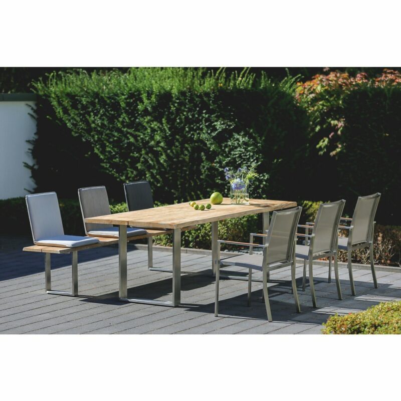 Niehoff Gartentisch und -bank "Solid" mit Sitzschale "Nette" und Gartenstuhl "Tina", Gestell Edelstahl