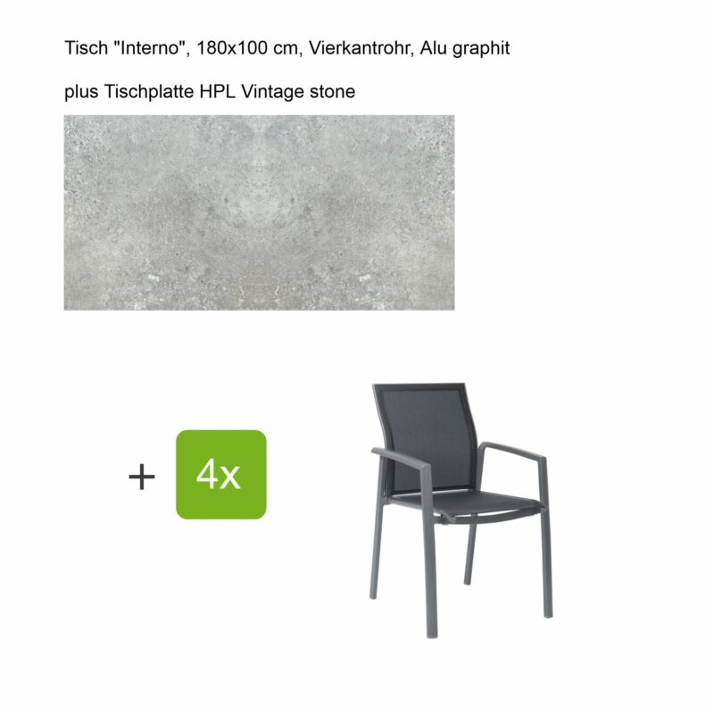 Stern Gartenmöbel-Set mit Stapelsessel "Kari", Textilen silbergrau, und Gartentisch "Interno", Größe 180x100cm, Gestelle Alu graphit, Tischplatte HPL Vintage stone