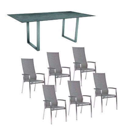 Stern Gartenmöbel-Set mit Hochlehner "Mika" und Kufentisch 200x100 cm, Gestelle Edelstahl, Tischplatte HPL Zement