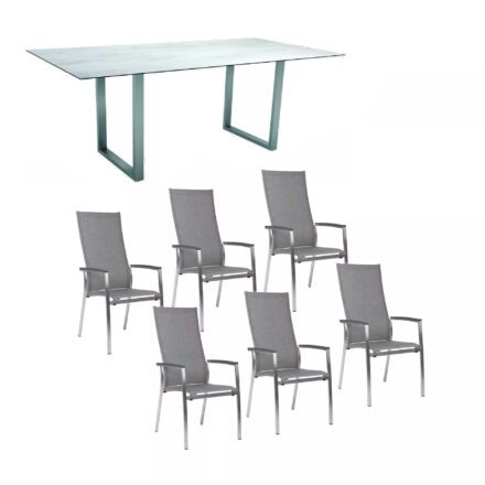 Stern Gartenmöbel-Set mit Hochlehner "Mika" und Kufentisch 200x100 cm, Gestelle Edelstahl, Tischplatte HPL Zement hell