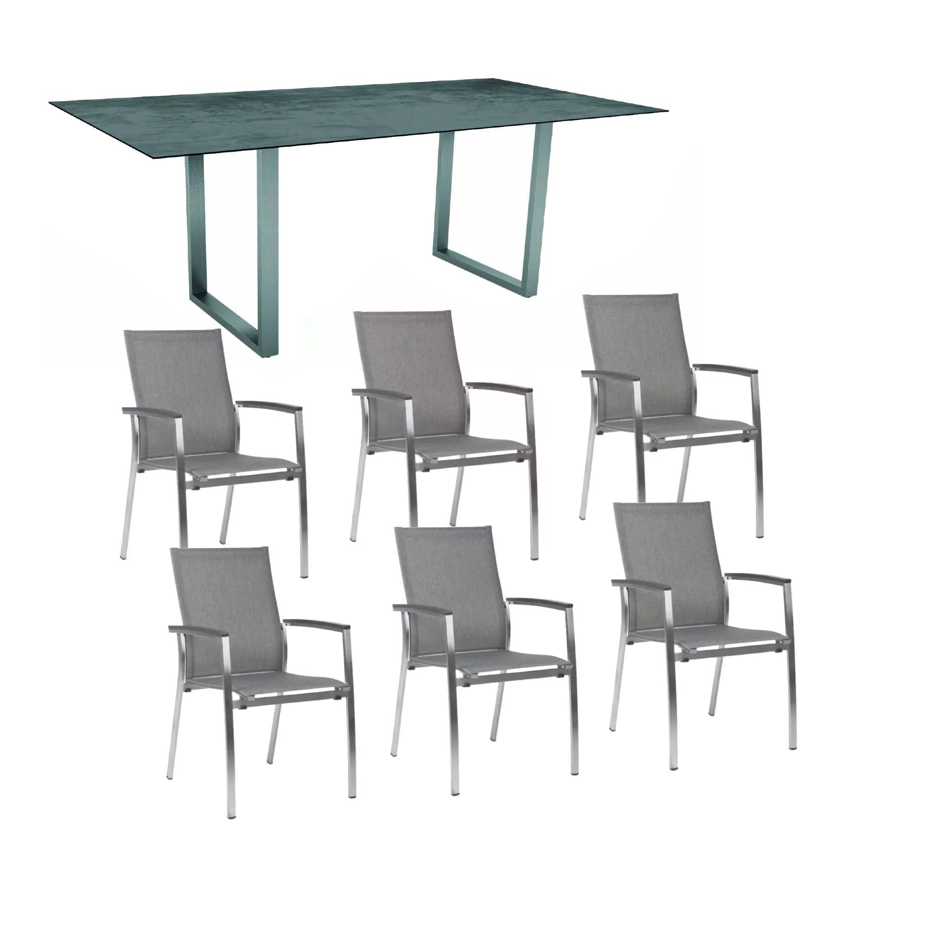 Stern Gartenmöbel-Set mit Stapelsessel "Mika" und Kufentisch 200x100 cm, Gestelle Edelstahl, Tischplatte HPL Zement