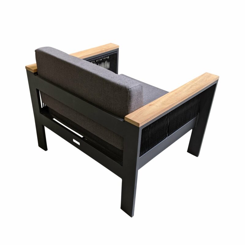 Jati&Kebon Loungesessel "Miray", Gestell Aluminium eisengrau, Rope schwarz, Teakarmlehnen, Polster grau