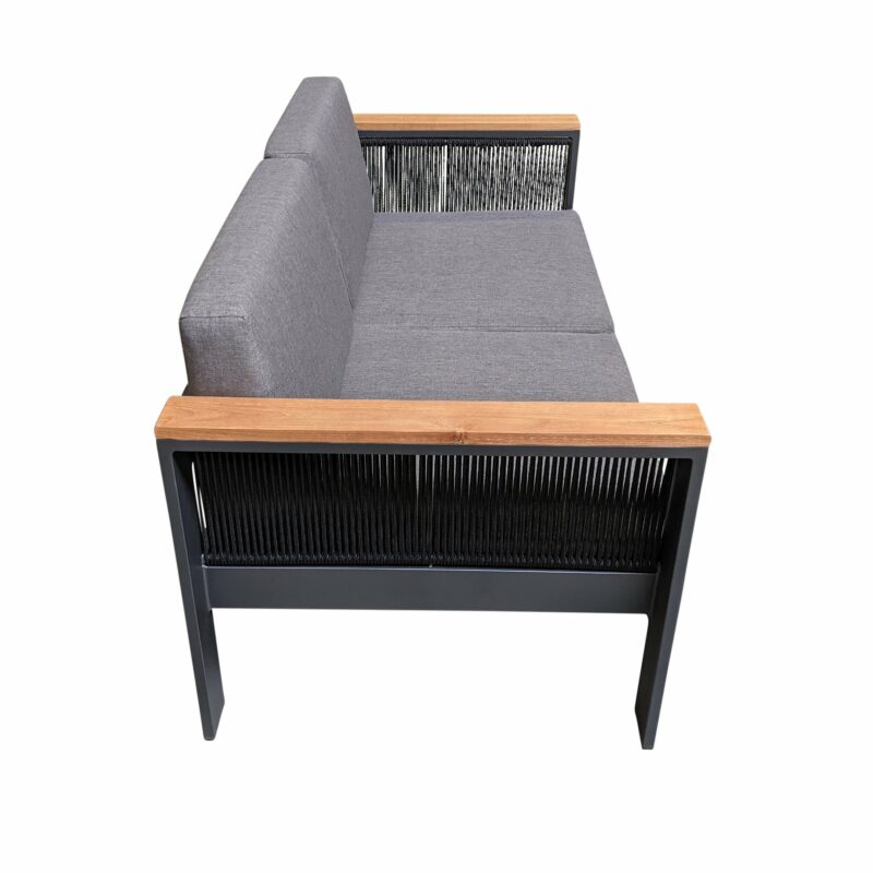 Jati&Kebon Loungesofa "Miray", Gestell Aluminium eisengrau, Rope schwarz, Teakarmlehnen, Polster grau