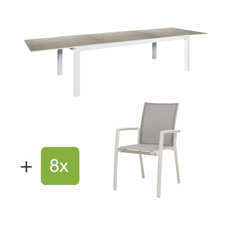 Jati&Kebon Gartenmöbel-Set mit Ausziehtisch "Livorno", Alu weiß, Tischplatte Keramik Zement hell und acht Stühlen "Sevilla", Alu weiß, Textilen hellgrau