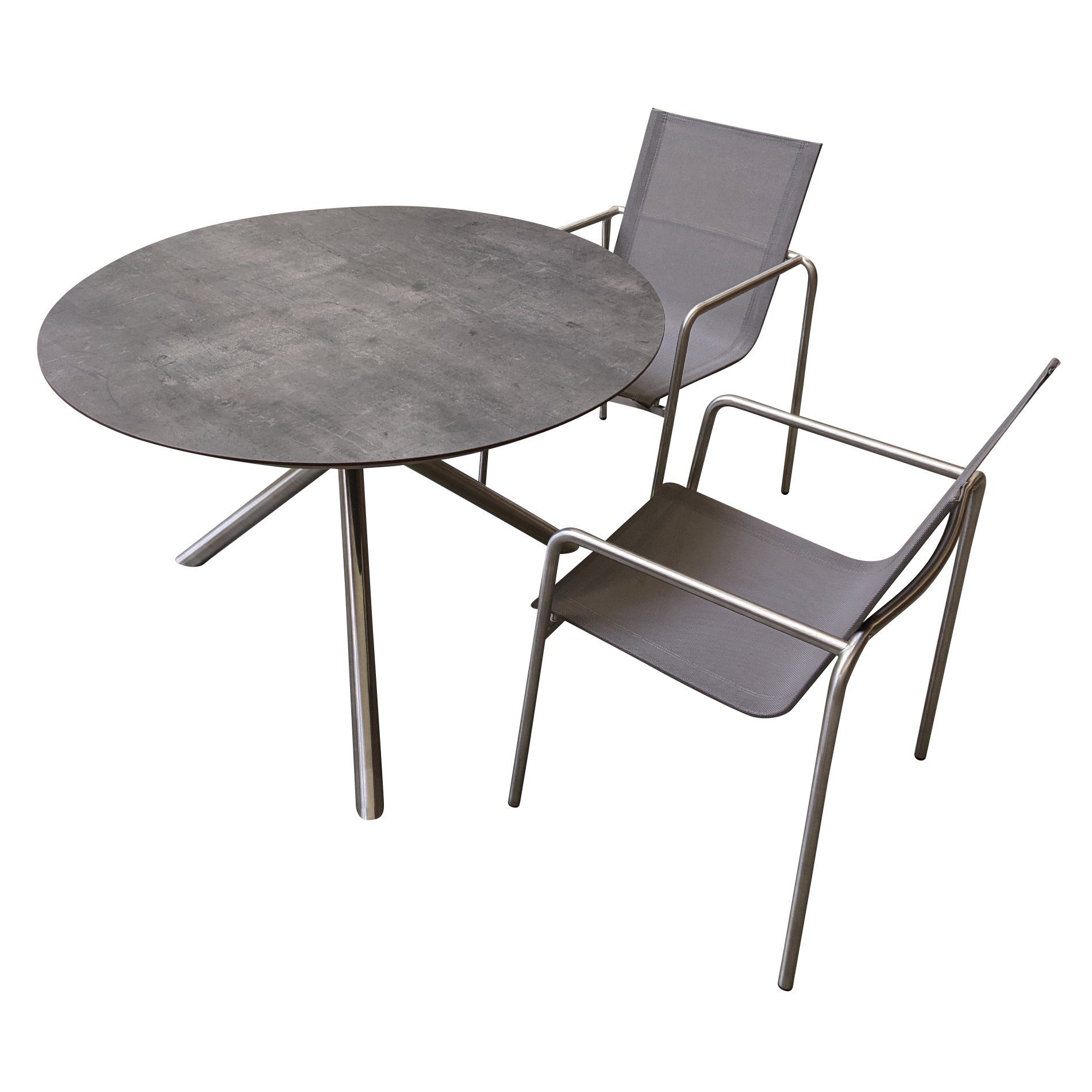 Ploß "Carlos" Tisch mit "Amado" Stapelsessel, Gestelle Edelstahl gebrushed, Sitzfläche Textilgewebe taupe, Tischplatte HPL anthrazit marmoriert
