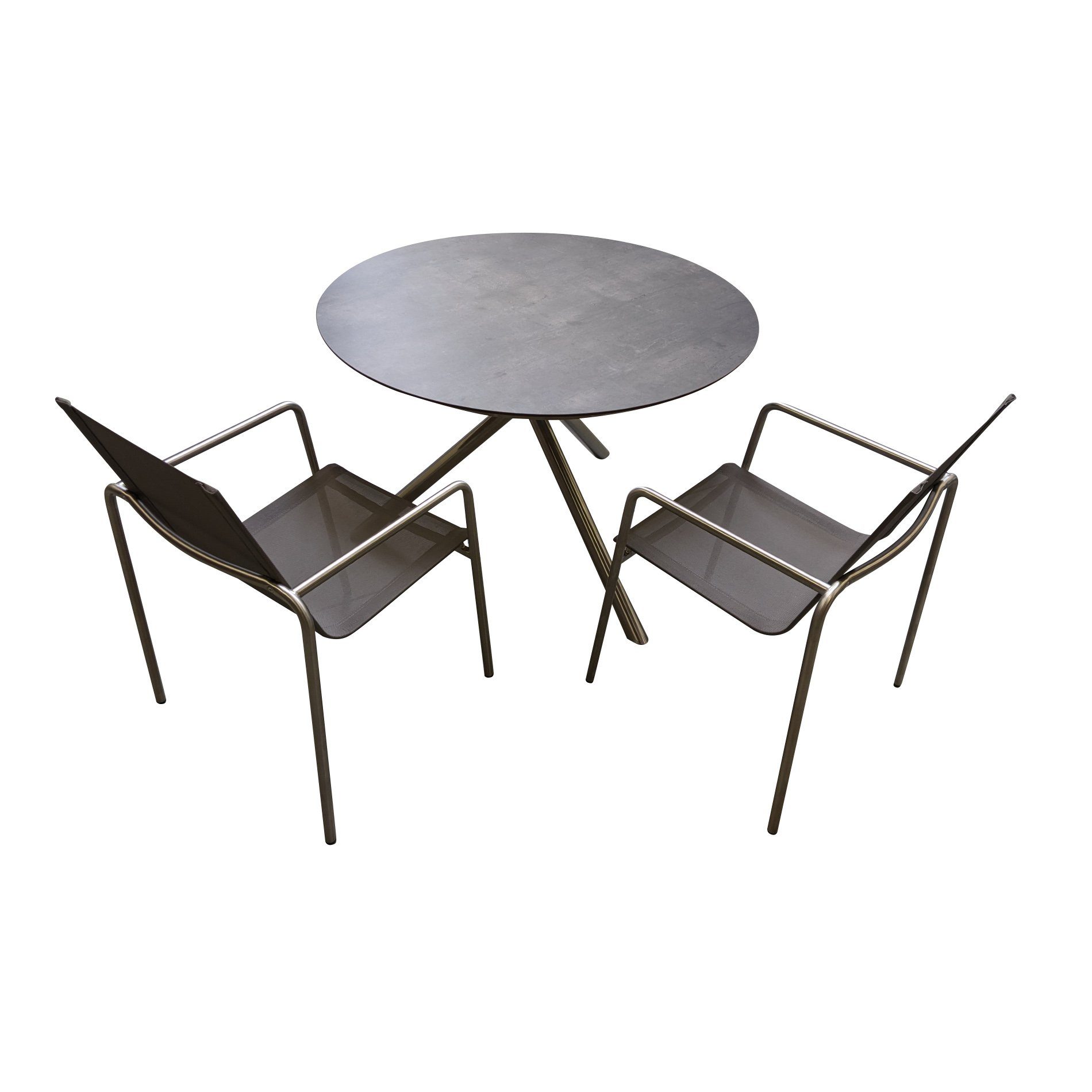 Ploß "Carlos" Tisch mit "Amado" Stapelsessel, Gestelle Edelstahl gebrushed, Sitzfläche Textilgewebe taupe, Tischplatte HPL anthrazit marmoriert