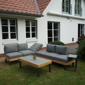 Ploß Loungeset "Skagen", Design-Sofa, Couch- & Beistelltisch, Aluminium anthrazit mit Teakholz, Polster grau, Tischplatten Keramik (Copyright Ploß & Co.)