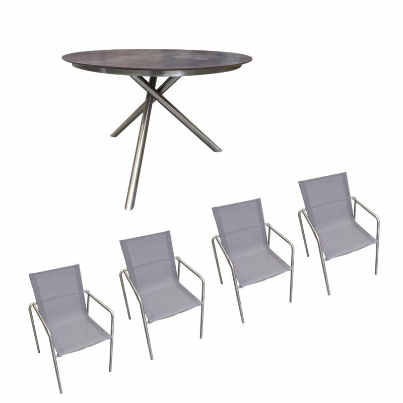 Ploß Gartenmöbel-Set mit Tisch "Carlos" und Stapelstuhl "Amado", Gestelle Edelstahl, Sitzfläche Textilgewebe taupe, Tischplatte HPL anthrazit marmoriert Ø 110 cm