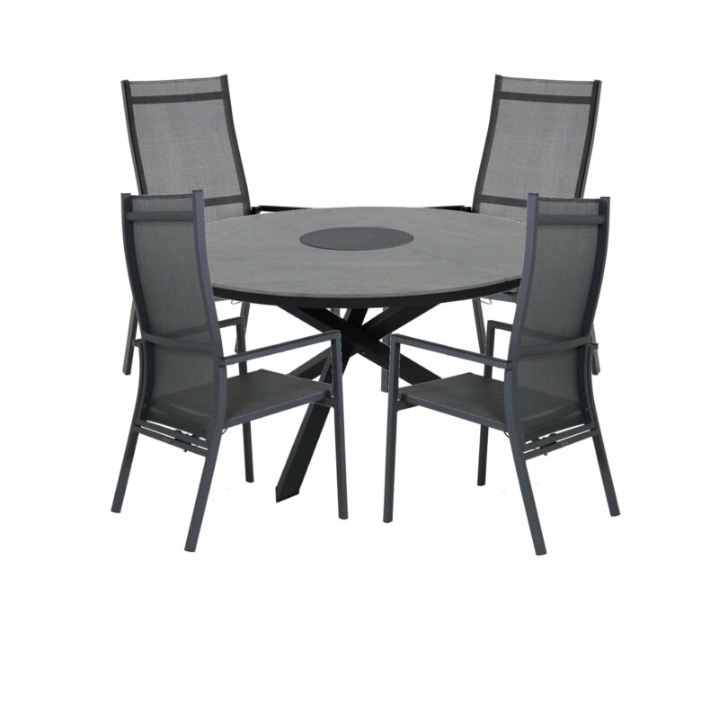 Brafab Gartenmöbel-Set mit Tisch "Kenora" Alu anthrazit/Platte Keramik grau, Positionsstuhl/Hochlehner "Avanti", Alu anthrazit/Textilgewebe grau