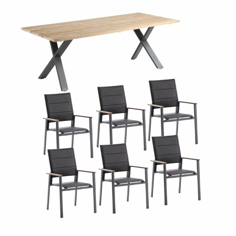 Niehoff Gartenmöbel-Set mit Tisch "Novara" und Stapelstuhl "Revent", Aluminium anthrazit, Tischplatte Teak, Sitz-und Rückenfläche gepolstert schwarz
