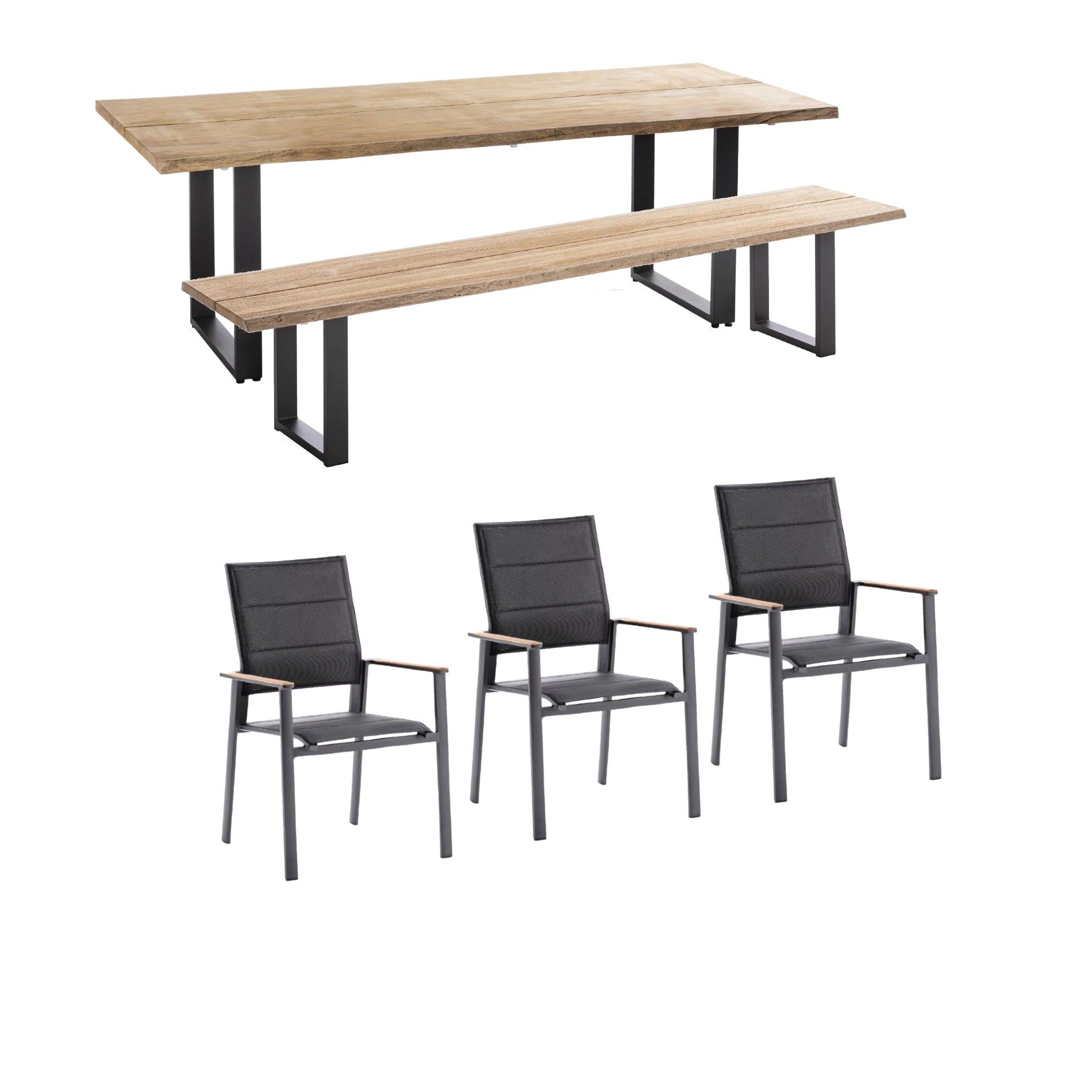 Niehoff Gartenmöbel-Set mit Tisch und Bank "Solid" und Stapelstuhl "Revent", Aluminium anthrazit, Tischplatte Teak, Sitz-und Rückenfläche gepolstert schwarz