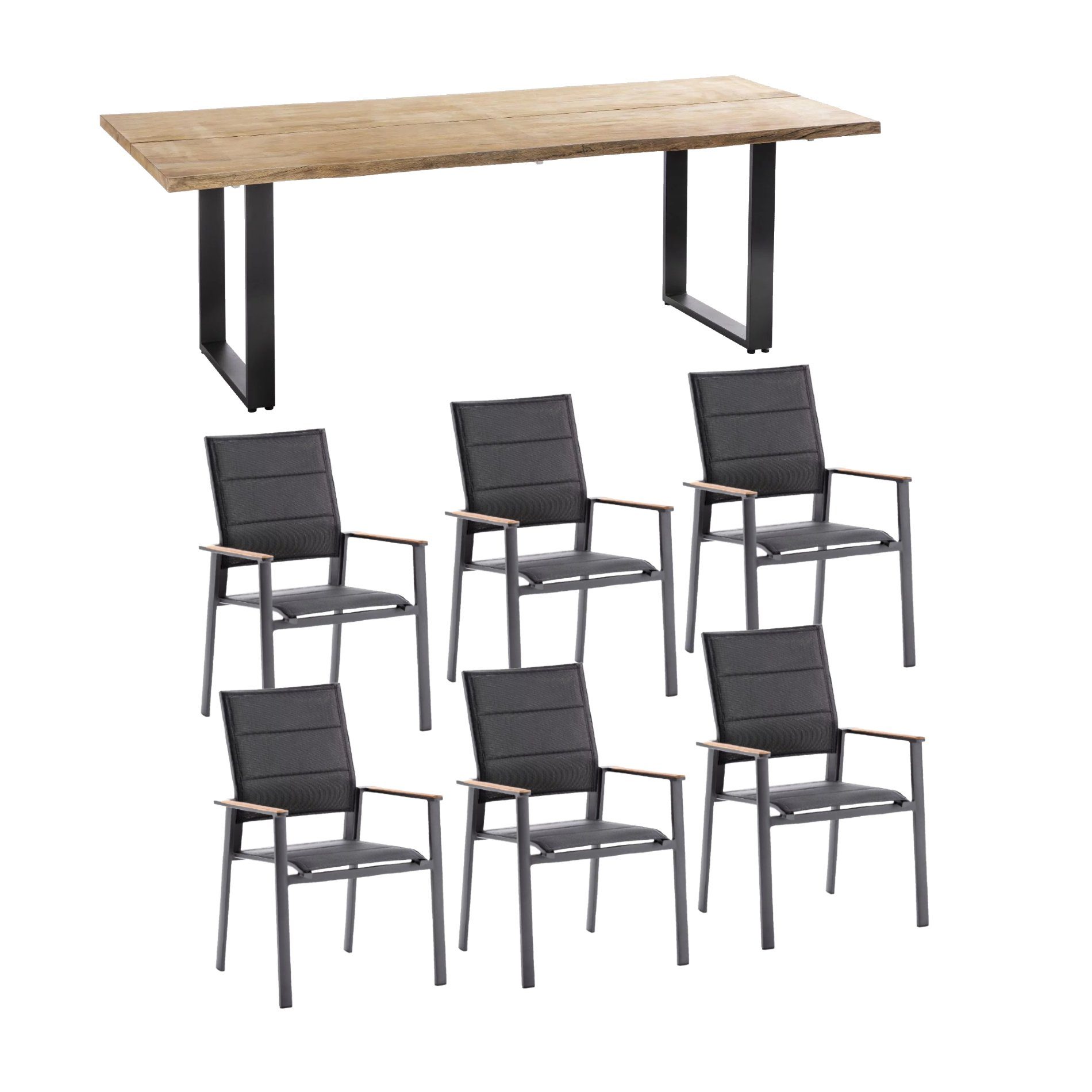 Niehoff Gartenmöbel-Set mit Tisch "Solid" und Stapelstuhl "Revent", Aluminium anthrazit, Tischplatte Teak, Sitz-und Rückenfläche gepolstert schwarz