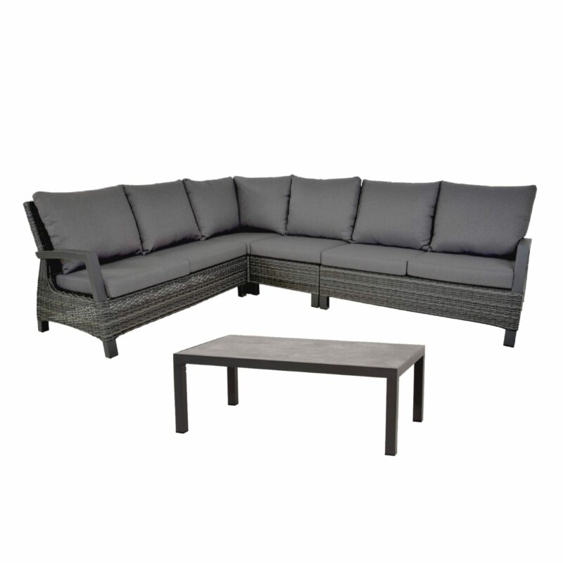 Lesli Living Loungeset mit "Prato Forte" Ecklounge und "Ohio" Loungetisch, Gestelle Aluminium charcoal, Geflecht grau-anthrazit meliert, Kissen anthrazit, Tischplatte Keramik