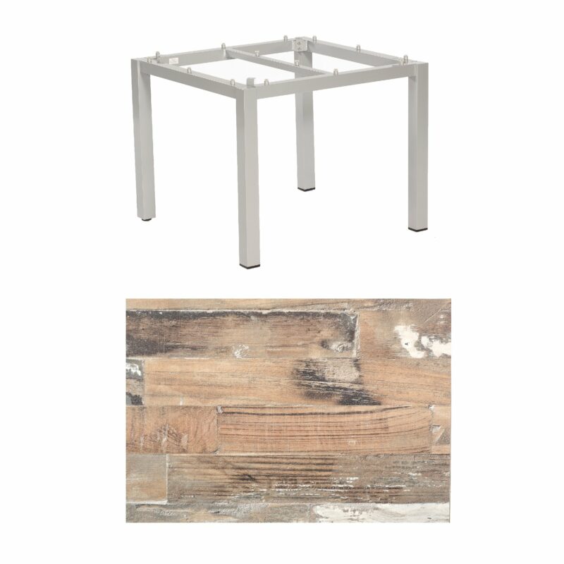 SonnenPartner Tisch „Base“, Gestell Aluminium silber, Tischplatte HPL Shiplap Pinie , 90x90 cm