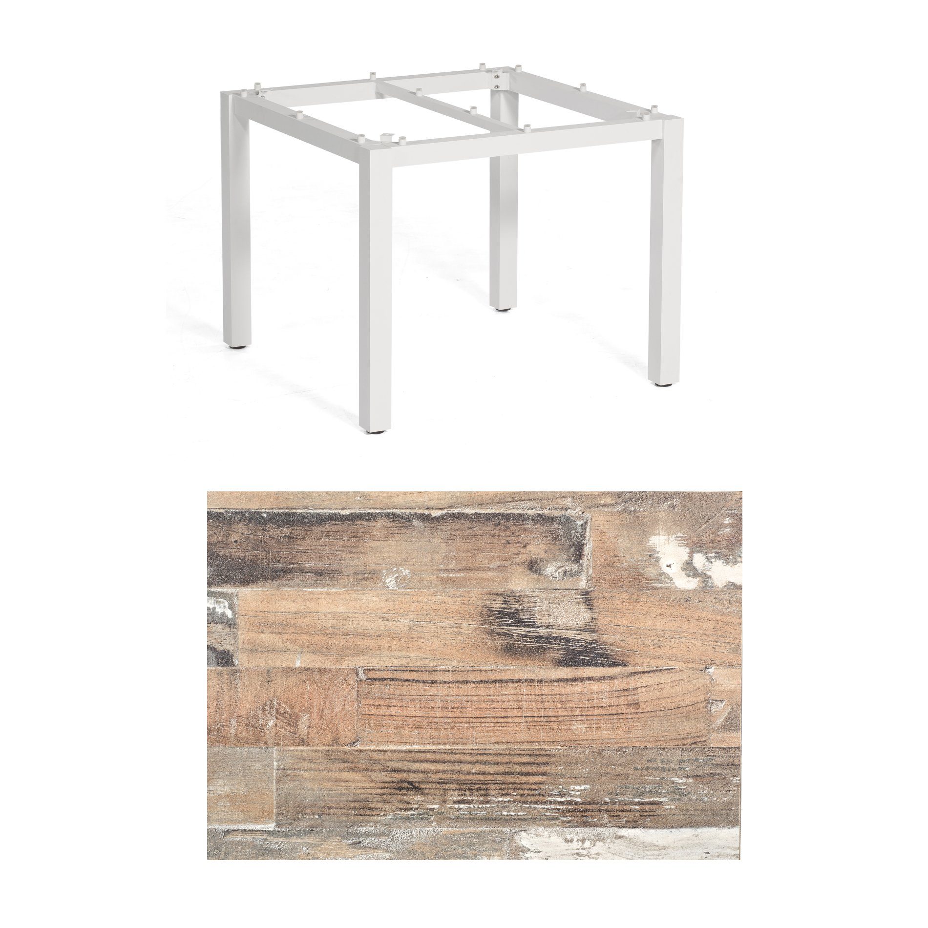 SonnenPartner Tisch „Base“, Gestell Aluminium weiß, Tischplatte HPL Shiplap Piniel, 90x90 cm