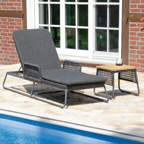 Sonnenpartner "Poison“ Liege, Gestell Aluminium grau, Geflecht Polyrope dunkelgrau, "Poison" Beistelltisch, Tischplatte Teak