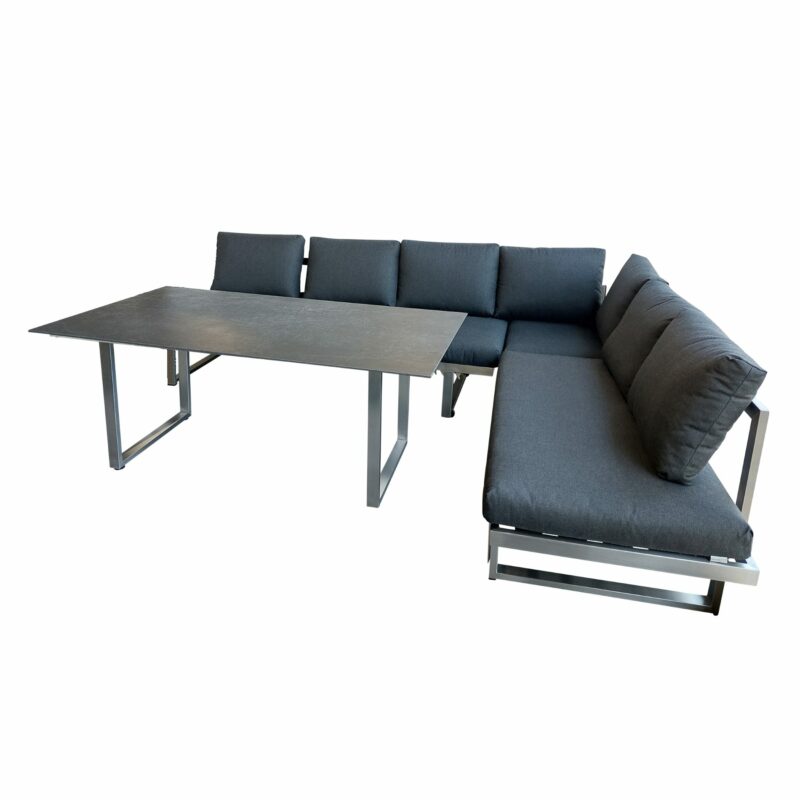 Jati&Kebon "Rao" Loungeset mit Dining-Tisch, Gestelle Edelstahl gebürstet, Polster Natté Charcoal chiné, Tischplatte Dekton Laos, 160x90 cm