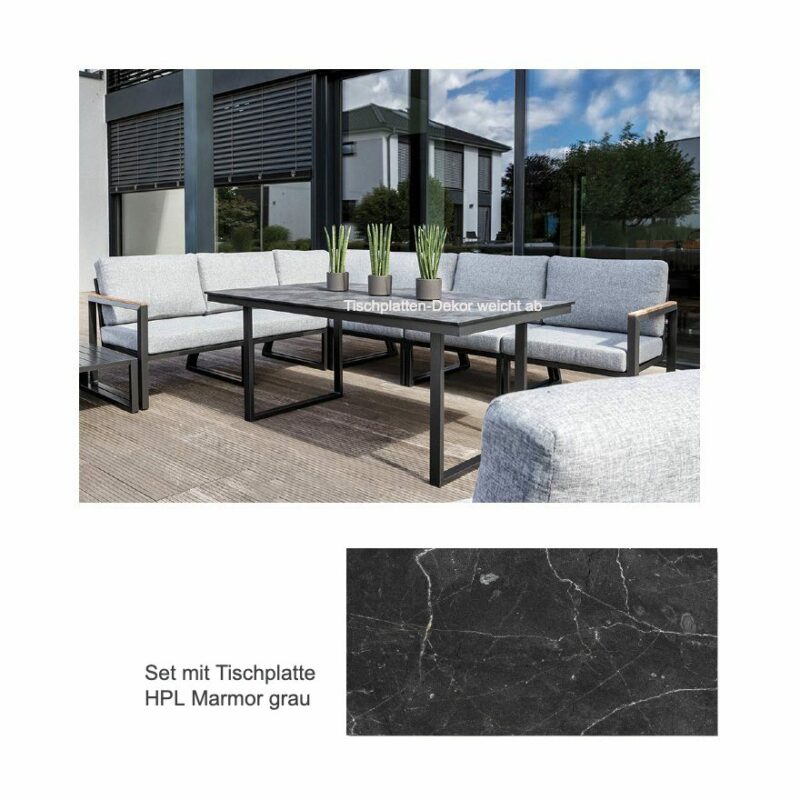 Kettler "Ocean Skid Modular/Skate" Casual Dining Set 7-teilig, Gestelle Alu anthrazit, Polster hellgrau meliert, Armlehnen Teak, Tischplatte HPL Marmor grau