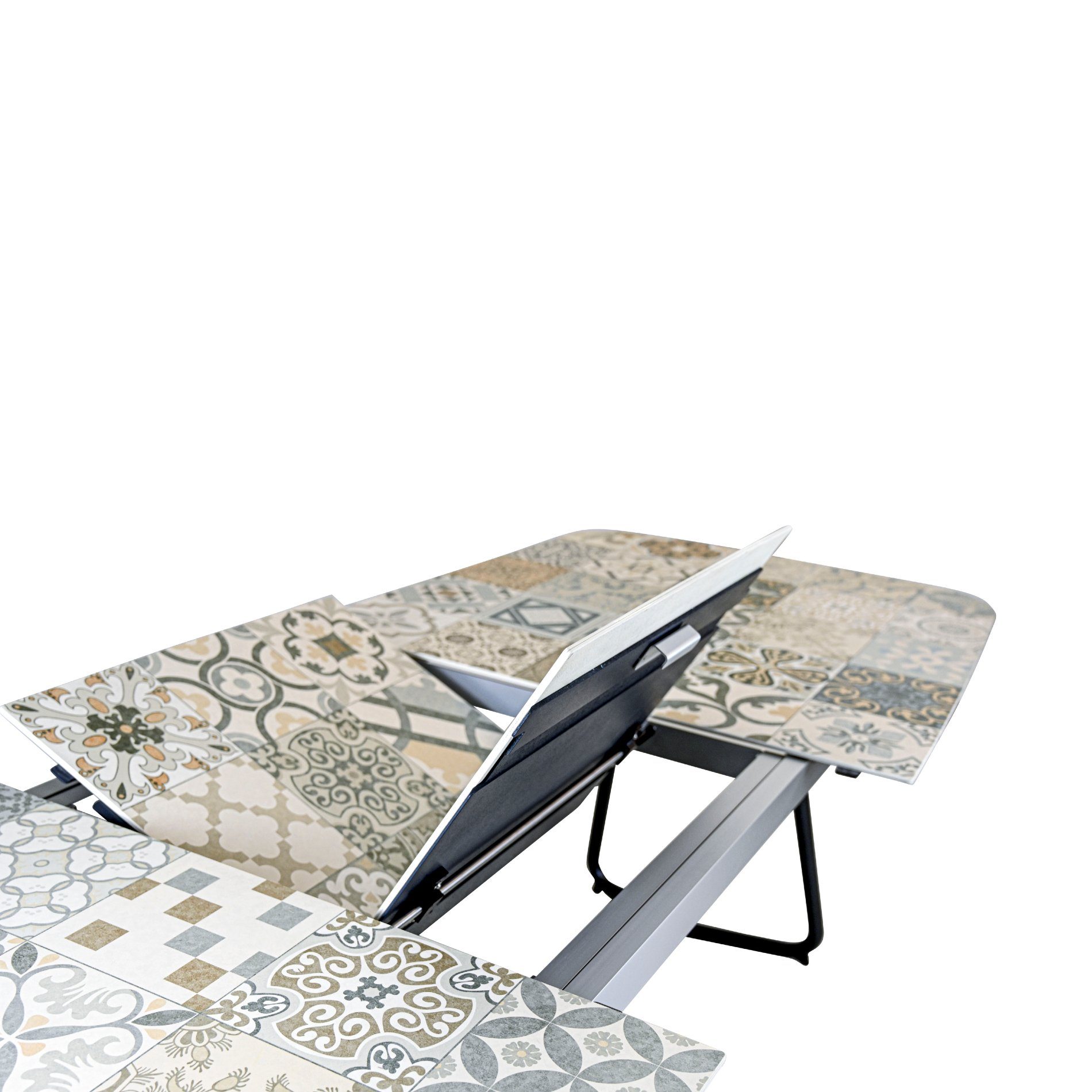 SIT Mobilia "Jura-Delemont" Ausziehtisch, Gestell Aluminium eisengrau, Tischplatte Keramik Azulecho, Detail Klappeinlage