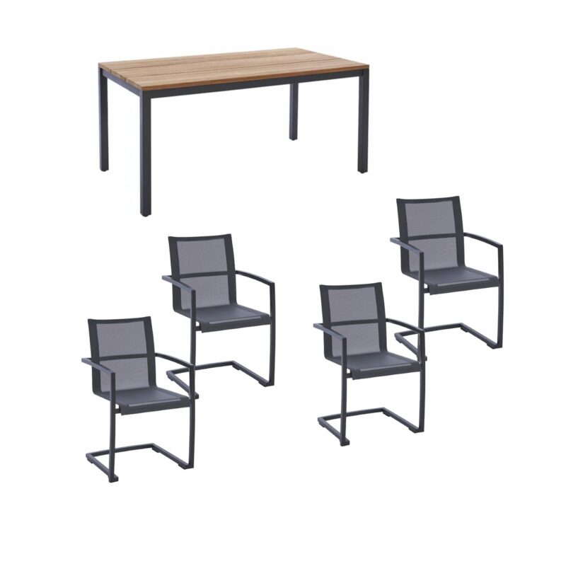 Diamond Garden Gartenmöbel-Set mit Tisch "Ravenna" und Freischwinger "Valencia", Edelstahl anthrazit, Tischplatte Teak, Armlehnen Alu