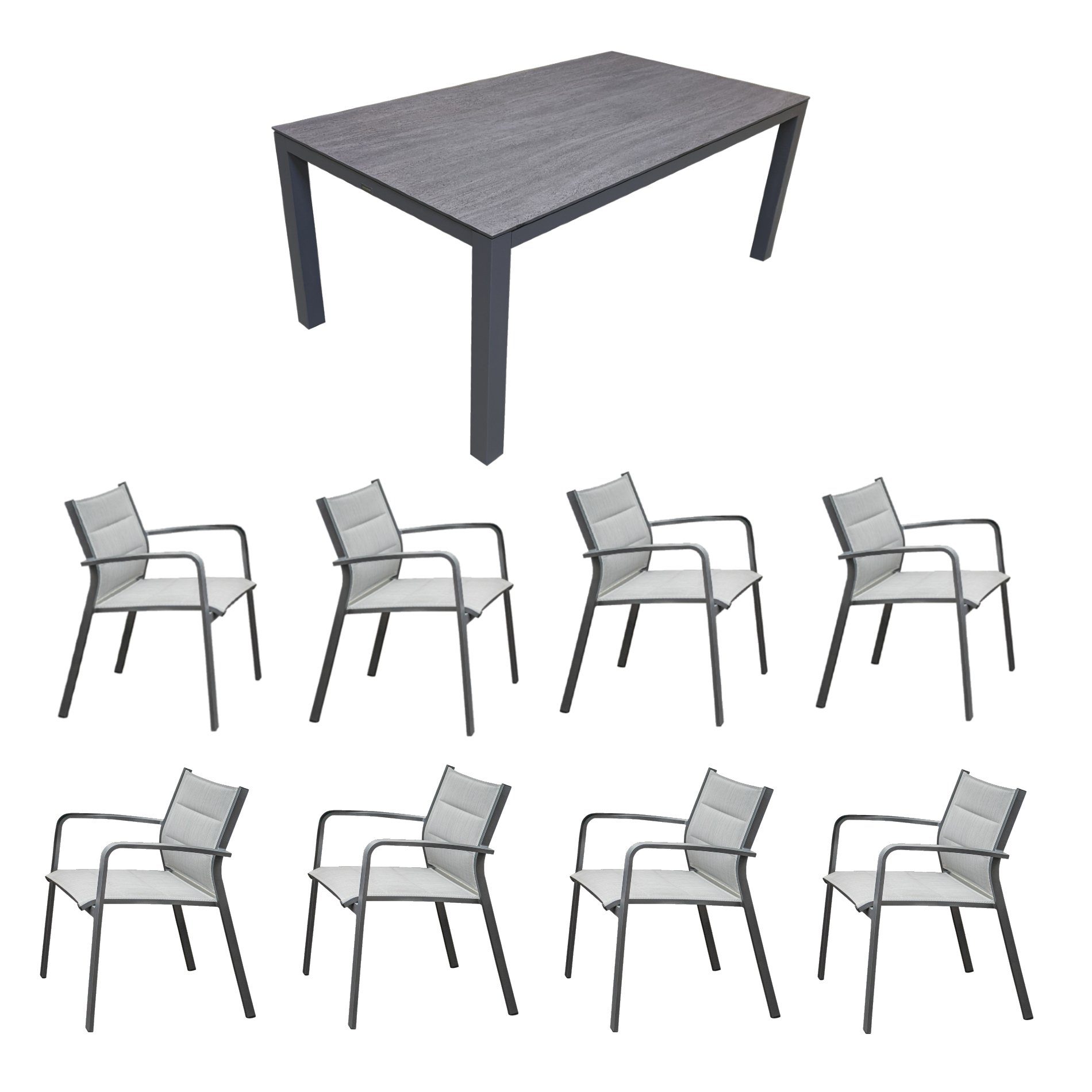 Home Islands Gartenmöbel-Set mit Tisch "Dayann" und Stapelsessel "Luis", Gestell Alu charcoal (anthrazit), Sitz gepolstert silver black, Tischplatte HPL dark grey