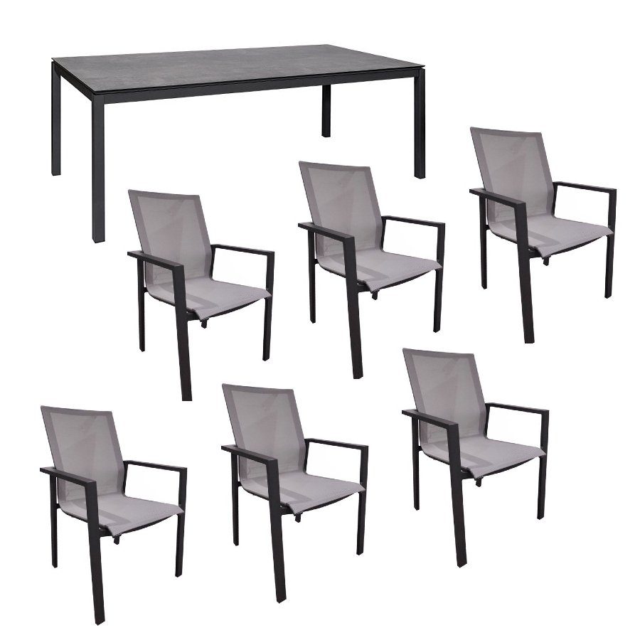 Jati&Kebon Gartenmöbel-Set mit Stuhl "Beja XL" und Tisch 220x100 cm "Lugo", Alu eisengrau, Tischplatte HPL