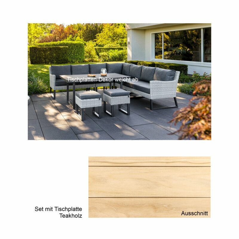 Kettler "Palma Wing/Skate" Casual Dining Set 8-tlg., Gestelle Aluminium anthrazit, Geflecht Polyrattan white-wash, Polster Olefin anthrazit, Tischplatte Teakholz
