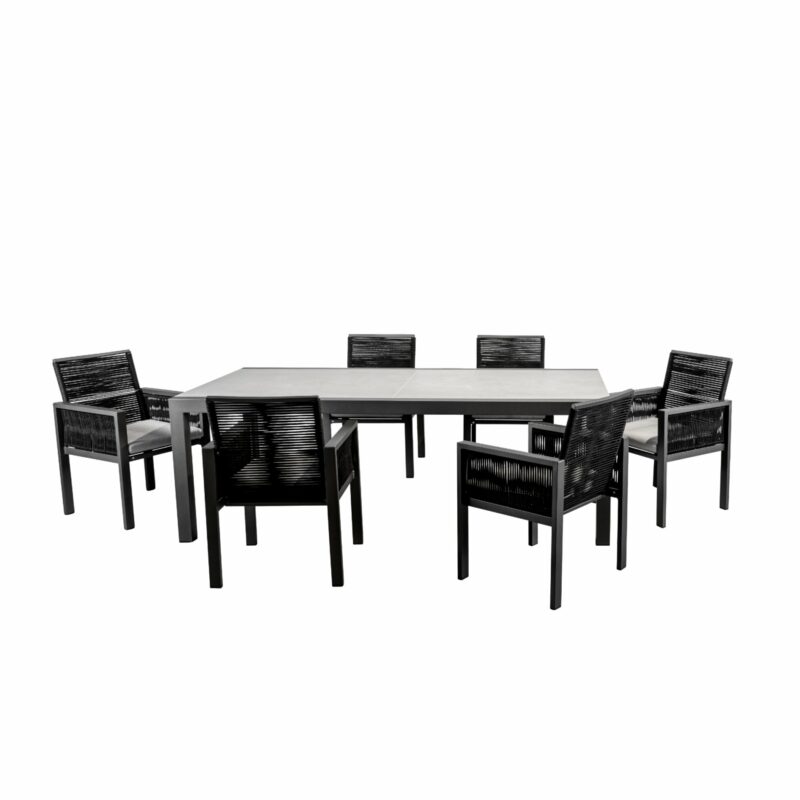 Jati&Kebon Gartenmöbel-Set mit "Siara" Gartensessel und "Livorno" Ausziehtisch, Gestelle Aluminium, Bespannung Rope black, Tischplatte Glas hellgrau