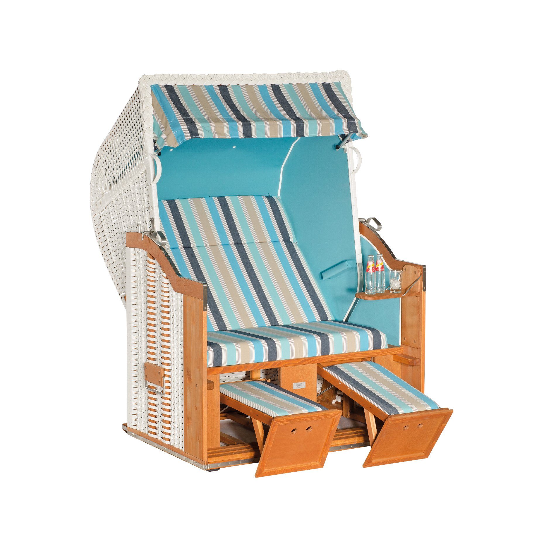 Sonnenpartner "Classic" Strandkorb, 2-Sitzer, Kunststoffgeflecht weiß, Gartenmöbelstoff Ocean, Markisenstoff uni türkis