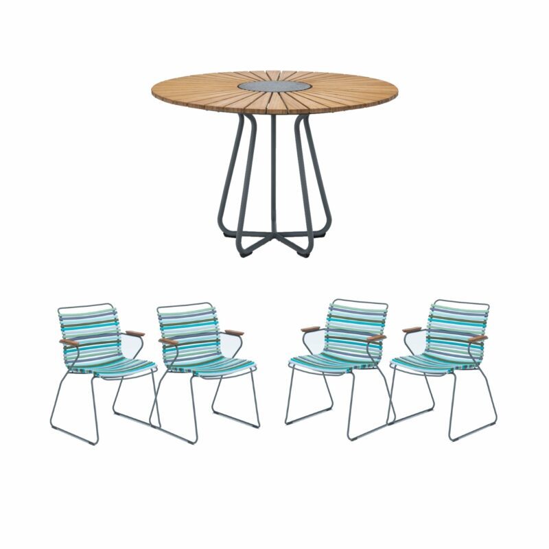 Houe Gartenmöbel-Set mit Tisch Ø 110 cm "Circle" und vier Stapelsessel "Click", Lamellen bunt (kühle Farben)
