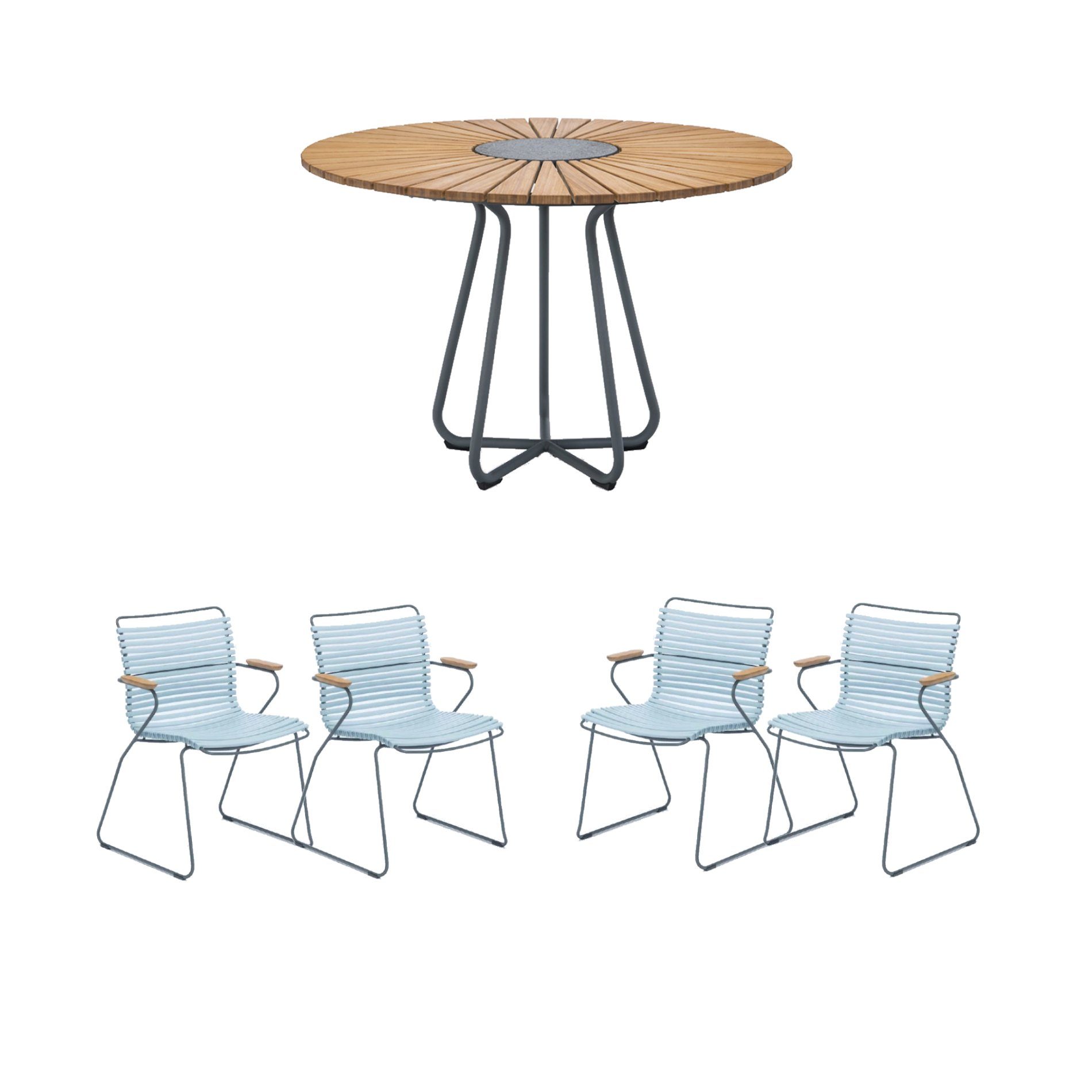 Houe Gartenmöbel-Set mit Tisch Ø 110 cm "Circle" und vier Stapelsessel "Click", Lamellen hellblau