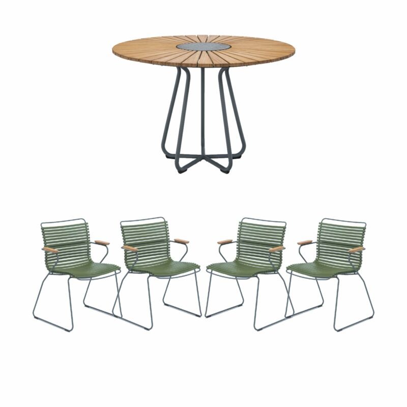 Houe Gartenmöbel-Set mit Tisch Ø 110 cm "Circle" und vier Stapelsessel "Click", Lamellen olivgrün