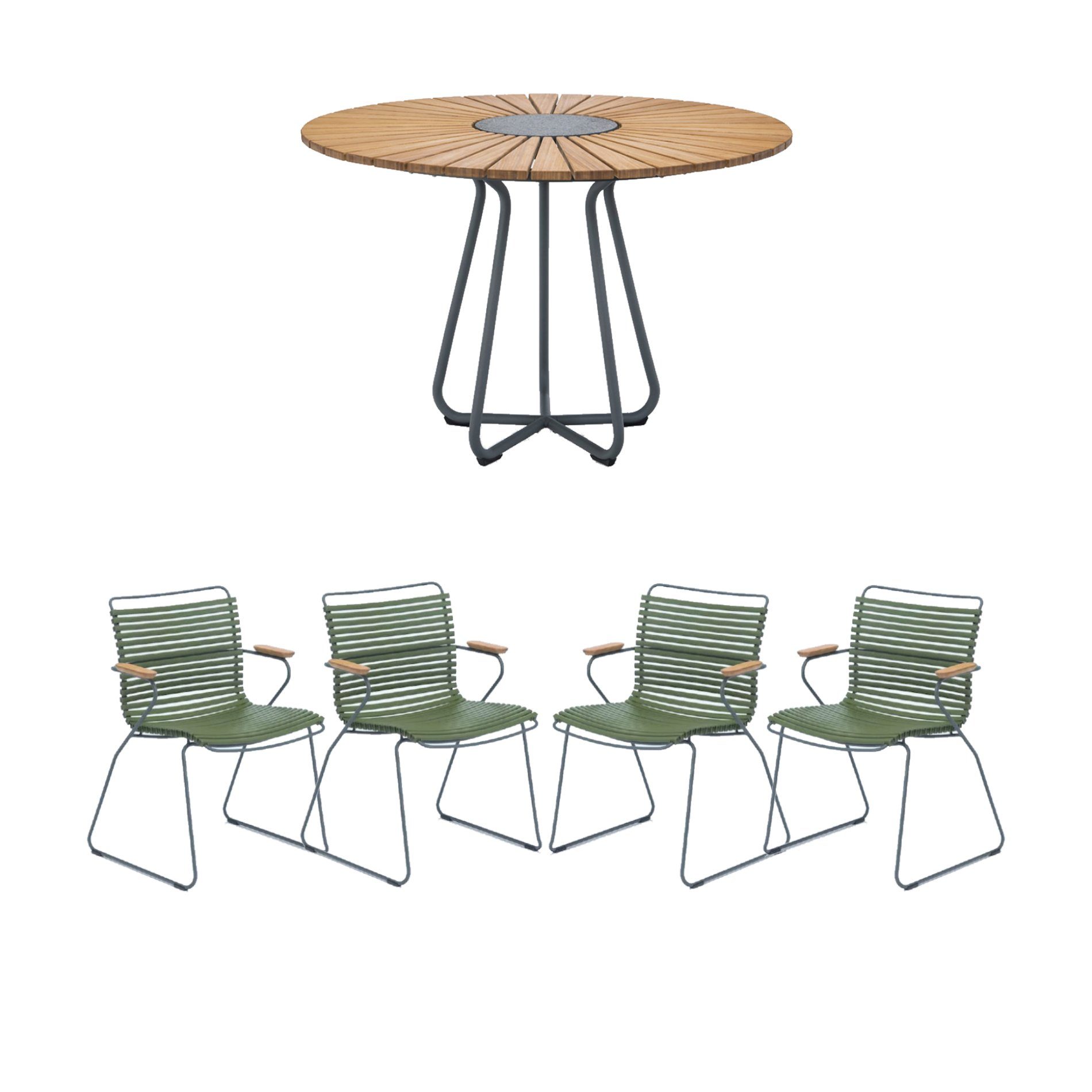 Houe Gartenmöbel-Set mit Tisch Ø 110 cm "Circle" und vier Stapelsessel "Click", Lamellen olivgrün