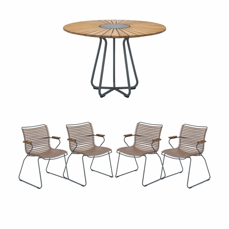 Houe Gartenmöbel-Set mit Tisch Ø 110 cm "Circle" und vier Stapelsessel "Click", Lamellen sand