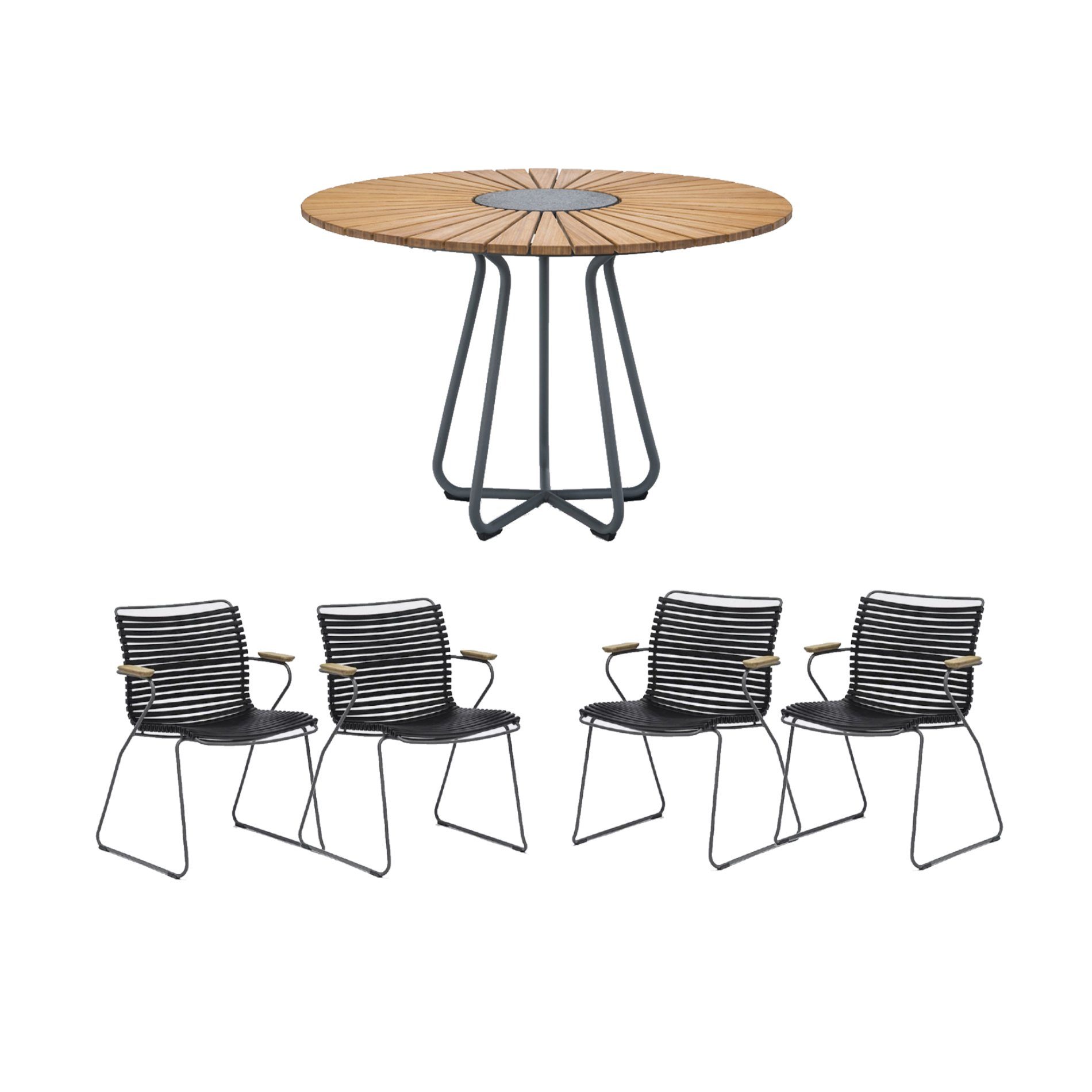 Houe Gartenmöbel-Set mit Tisch Ø 110 cm "Circle" und vier Stapelsessel "Click", Lamellen schwarz