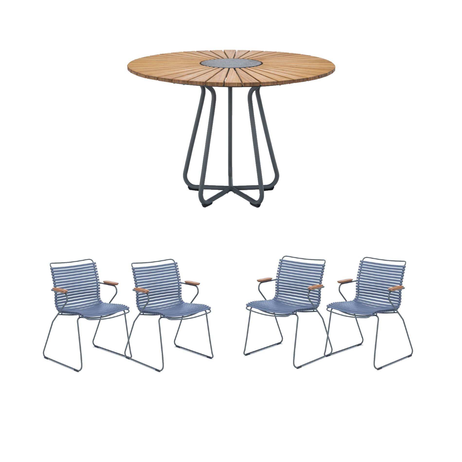 Houe Gartenmöbel-Set mit Tisch Ø 110 cm "Circle" und vier Stapelsessel "Click", Lamellen taubenblau
