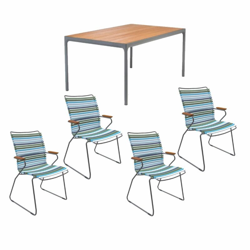 Houe Gartenmöbel-Set mit Tisch 160x90 cm "Four" und acht Stapelstühlen "Click", Lamellen bunt (kühle Farben)