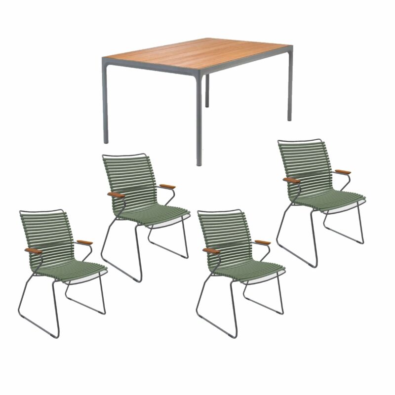 Houe Gartenmöbel-Set mit Tisch 160x90 cm "Four" und acht Stapelstühlen "Click", Lamellen olivgrün