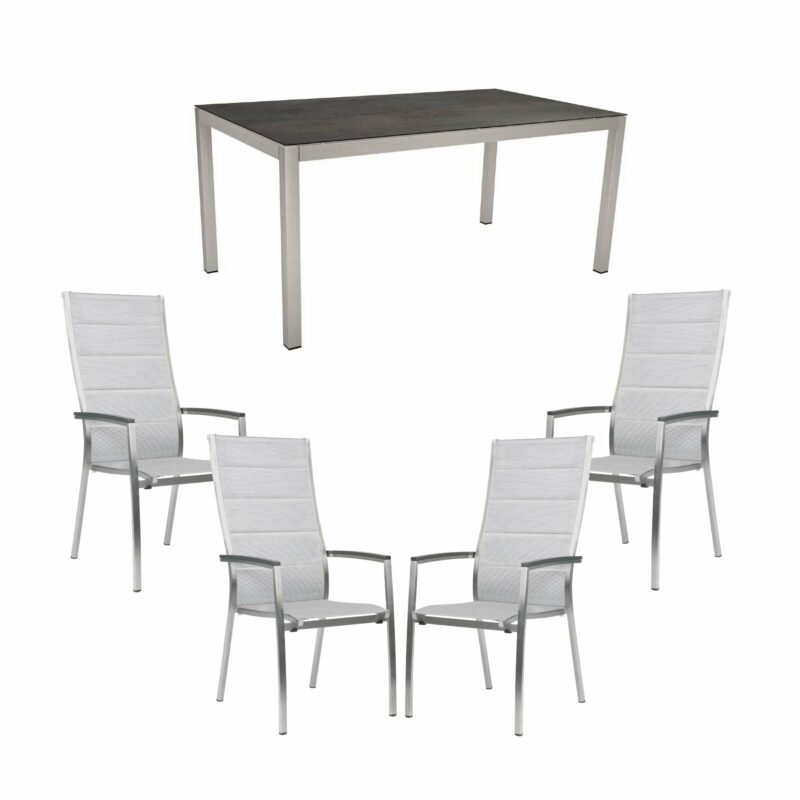 Stern Gartenmöbel-Set mit 4x Hochlehner "Cardiff" gepolstert und 1x Gartentisch 160x90 cm, Edelstahl, HPL Nitro