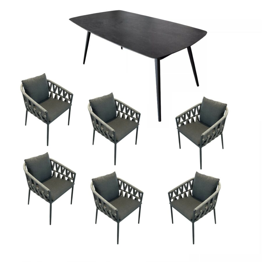 Jati&Kebon Gartenmöbel-Set 7tlg. mit Gartentisch "Amazone" mit Dekton-Platte und Dining-Sessel "Fortuna", Gestell Aluminium eisengrau, Rope cross weaving grau melange mit Kissen Natté Sooty
