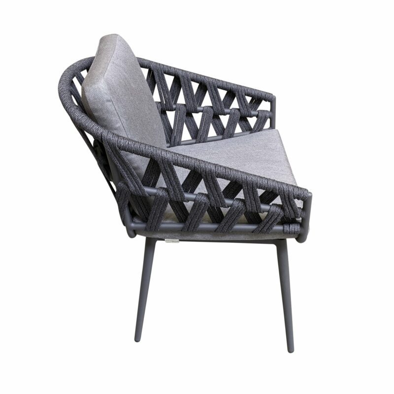 Jati&Kebon Dining-Sessel "Palm", Gestell Aluminium eisengrau, Rope cross weaving schwarz mit Kissen Natté Charcoal Chiné