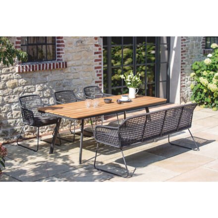 Niehoff "Kubu" Gartentisch 220x95 cm, Gartenstuhl und -bank, Gestell Aluminium anthrazit, abgerundete Tischplatte mit Teak-Leisten